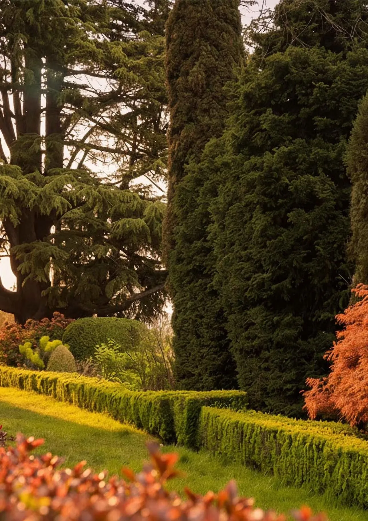 Layered evergreen garden at golden hour
