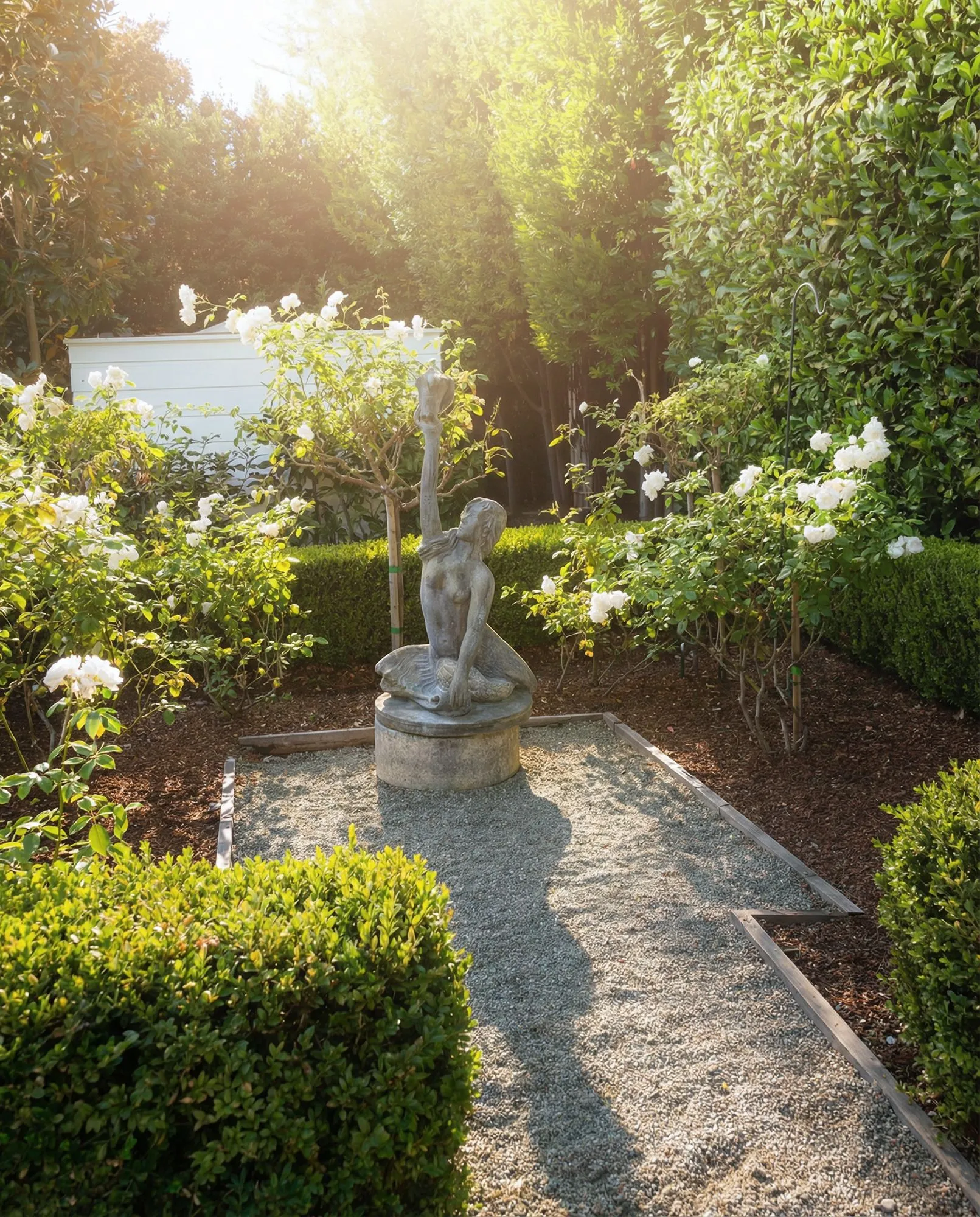Sunlit formal garden with white roses and a central sculpture